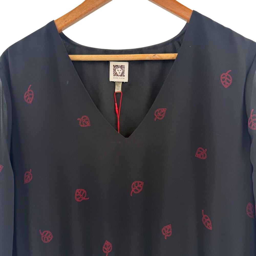 NWT Anne Klein Sheer Overlay Long Sleeve Cinch Drawstring Blk Red Midi Dress 18 - Picture 5 of 13